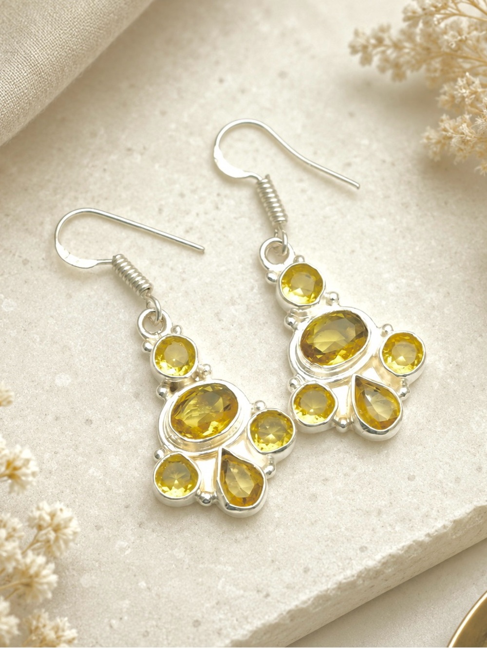 Elegant Yellow Citrine Chandelier High Finish Silver Drop Dangle Earrings